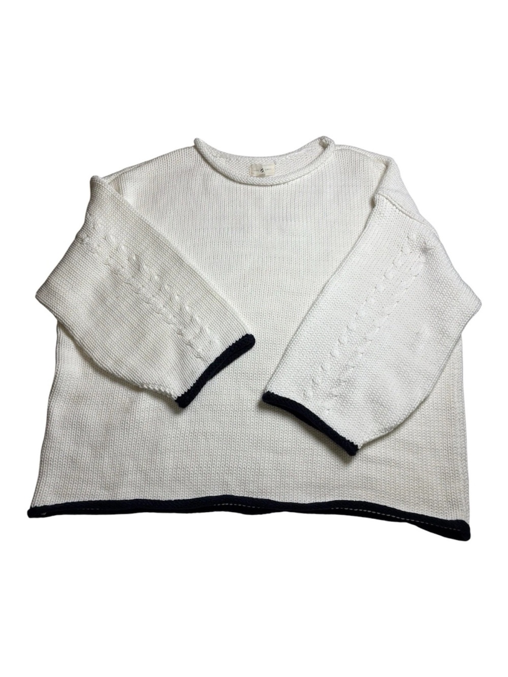 LOU & GREY Chunky Rolled Neck 3/4 Sleeve Cotton Blend White Navy Trim Sweater XL